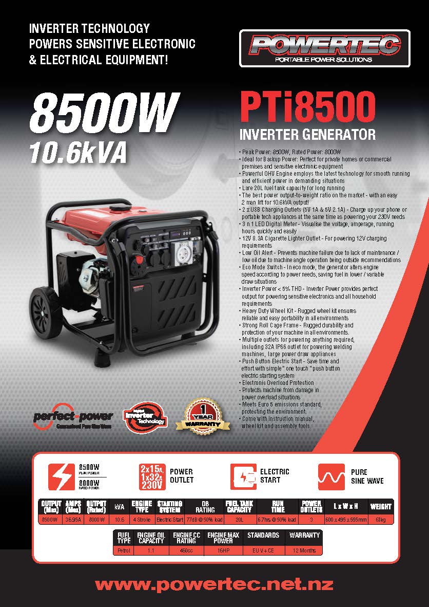 Powertec 8500W/10.7KVA Inverter Generator