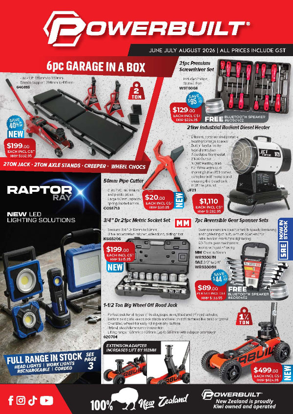 Powerbuilt promotional flyer with various tools and equipment on a red and black background