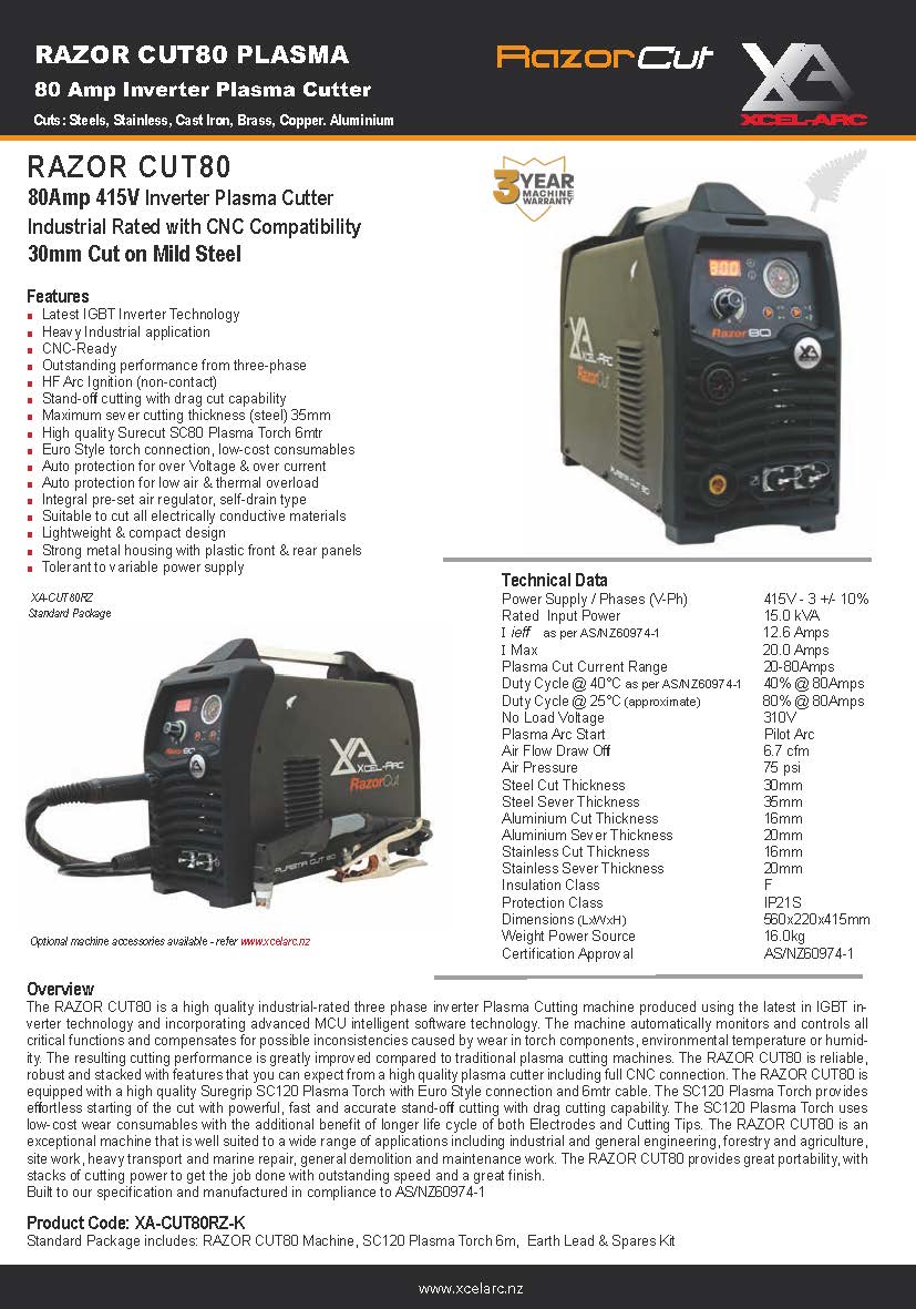 RAZOR CUT80 EVO Plasma Cutter Package 415V 3-Phase, 30mm clean cut capacity in steel