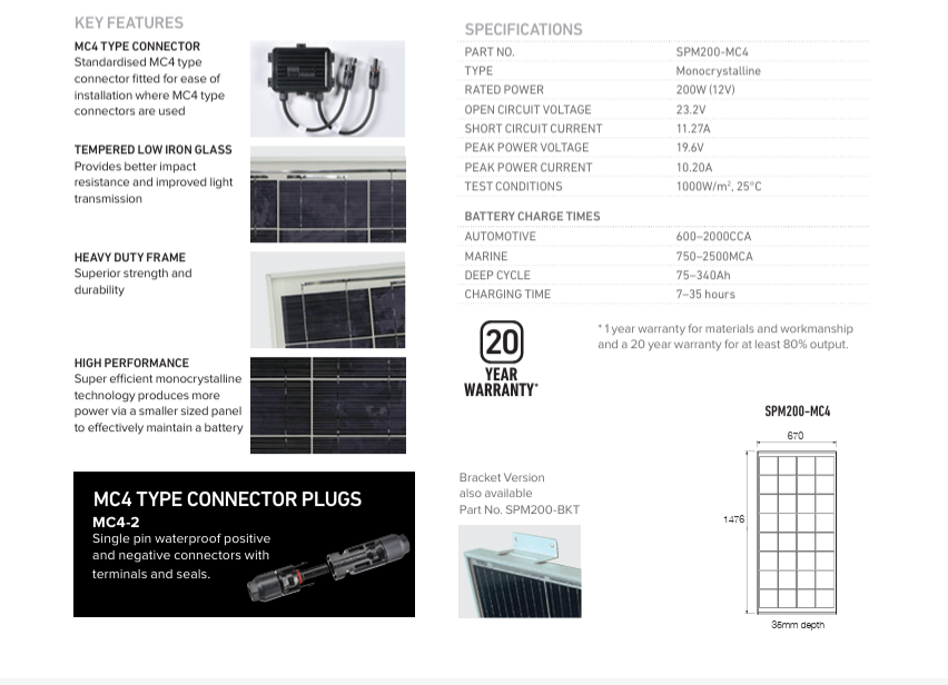 PROJECTA SOLAR PANEL 12V 200W MONO WITH MC4 CONNECTORS AND BRACKETS