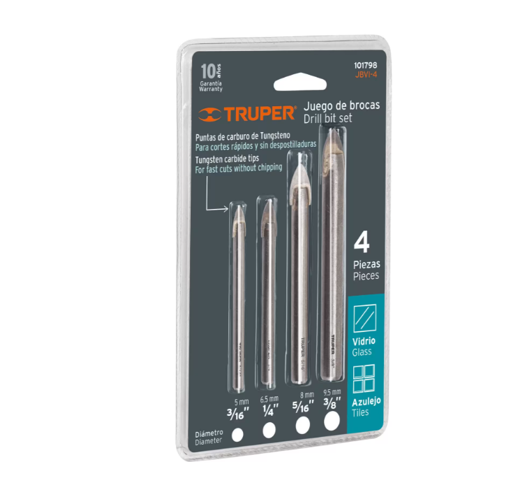 Truper Glass & Tile Drill Set 3/16",1/4",5/16",3/8 4 pce