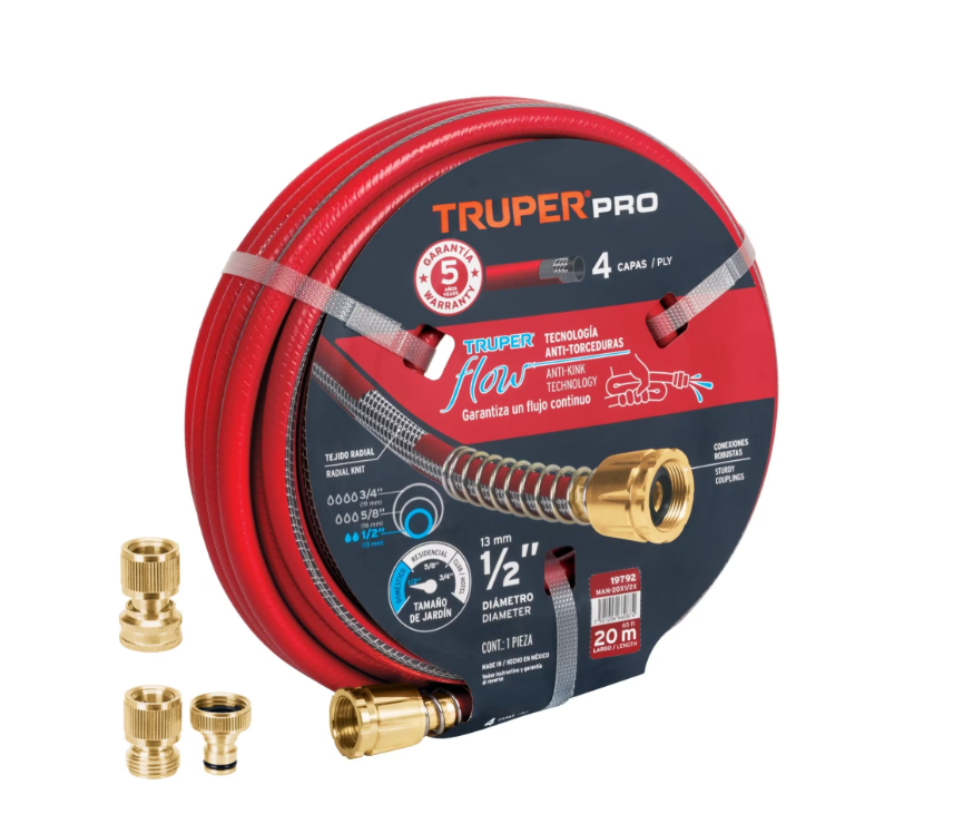 Truper Pro Garden Hose 12mm x 20m Fitted with Brass connectors