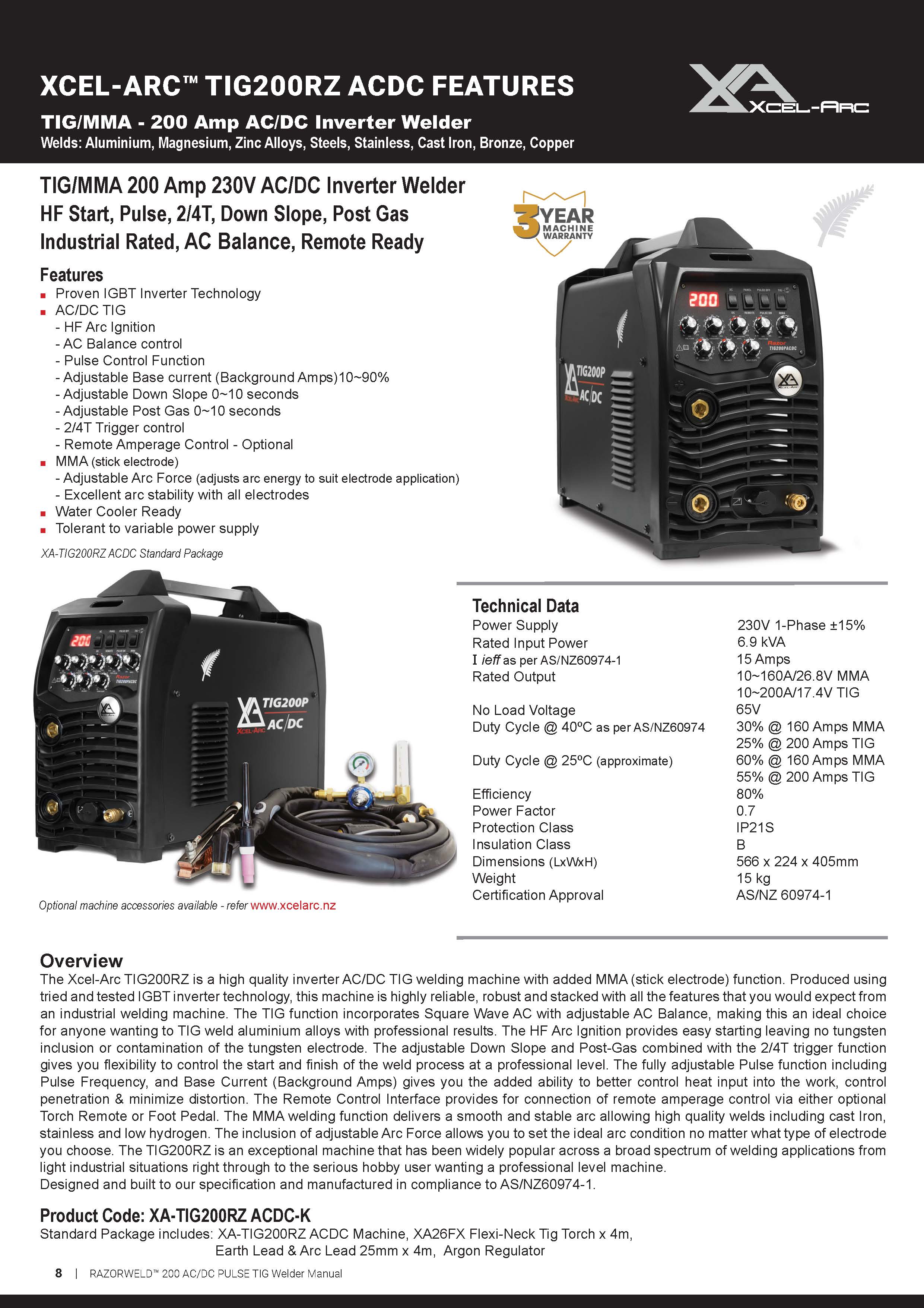 Xcel-Arc Tig200Rz Ac/Dc Tig Welder Single Phase - New Model