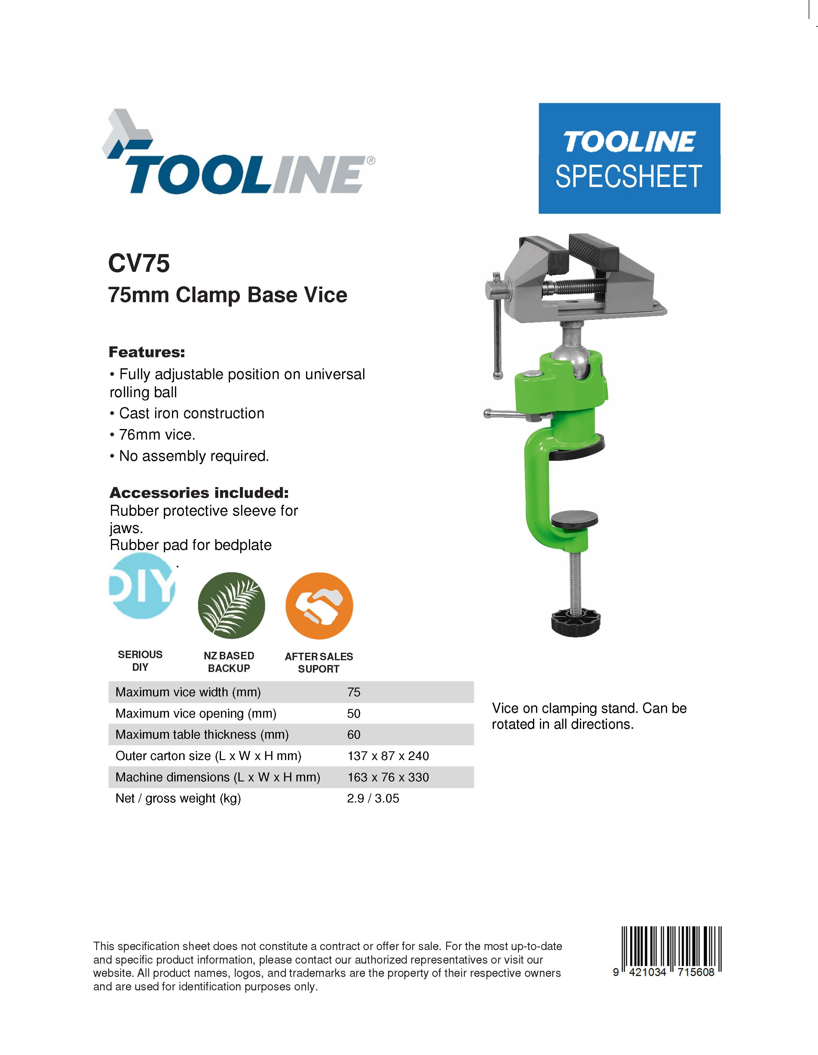 Tooline CV75 Vice with Clamp 75mm