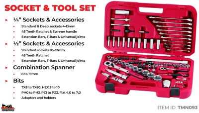 Teng 93PC 1/4 And 1/2in Socket and Accessories Set