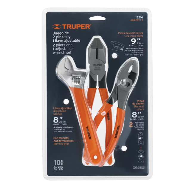 Truper Plier Set Linesman, Slip Joint, Wrench 18216