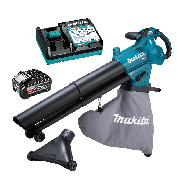 Makita leaf blower with battery and charger on a white background