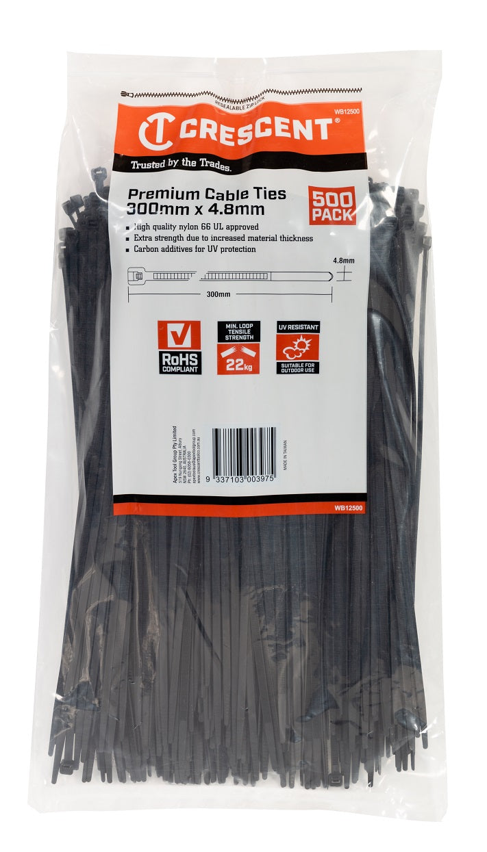 Crescent Cable Tie Nylon 300 X 4.8 Black Uv 500Pk