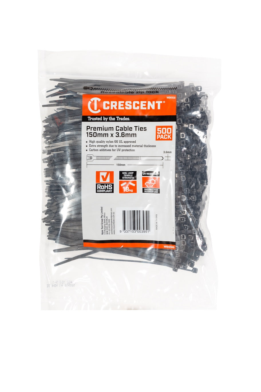 Crescent Cable Tie Nylon 150 X 3.6 Black Uv 500Pk