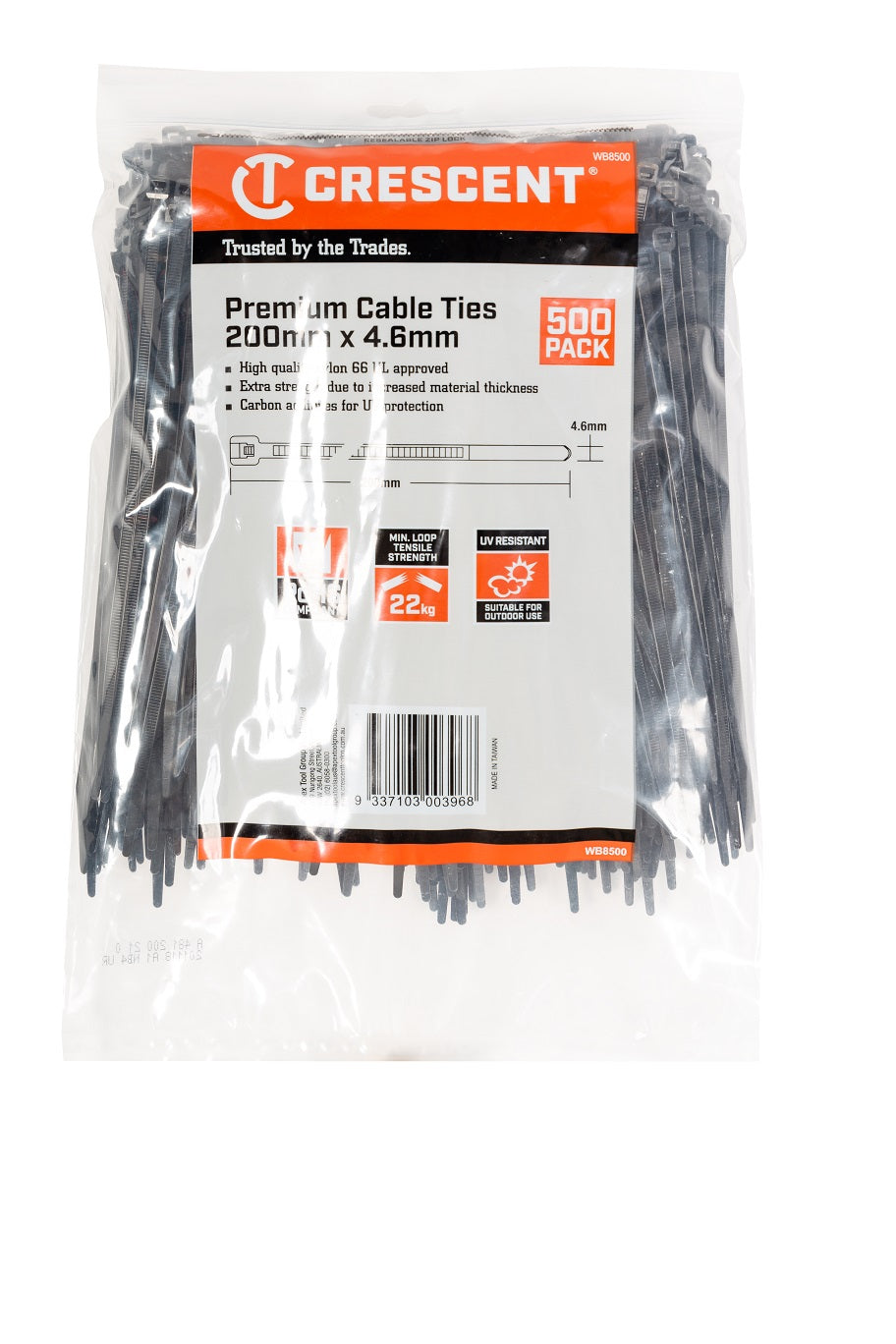 Crescent Cable Tie Nylon 200 X 4.6 Black Uv 500Pk