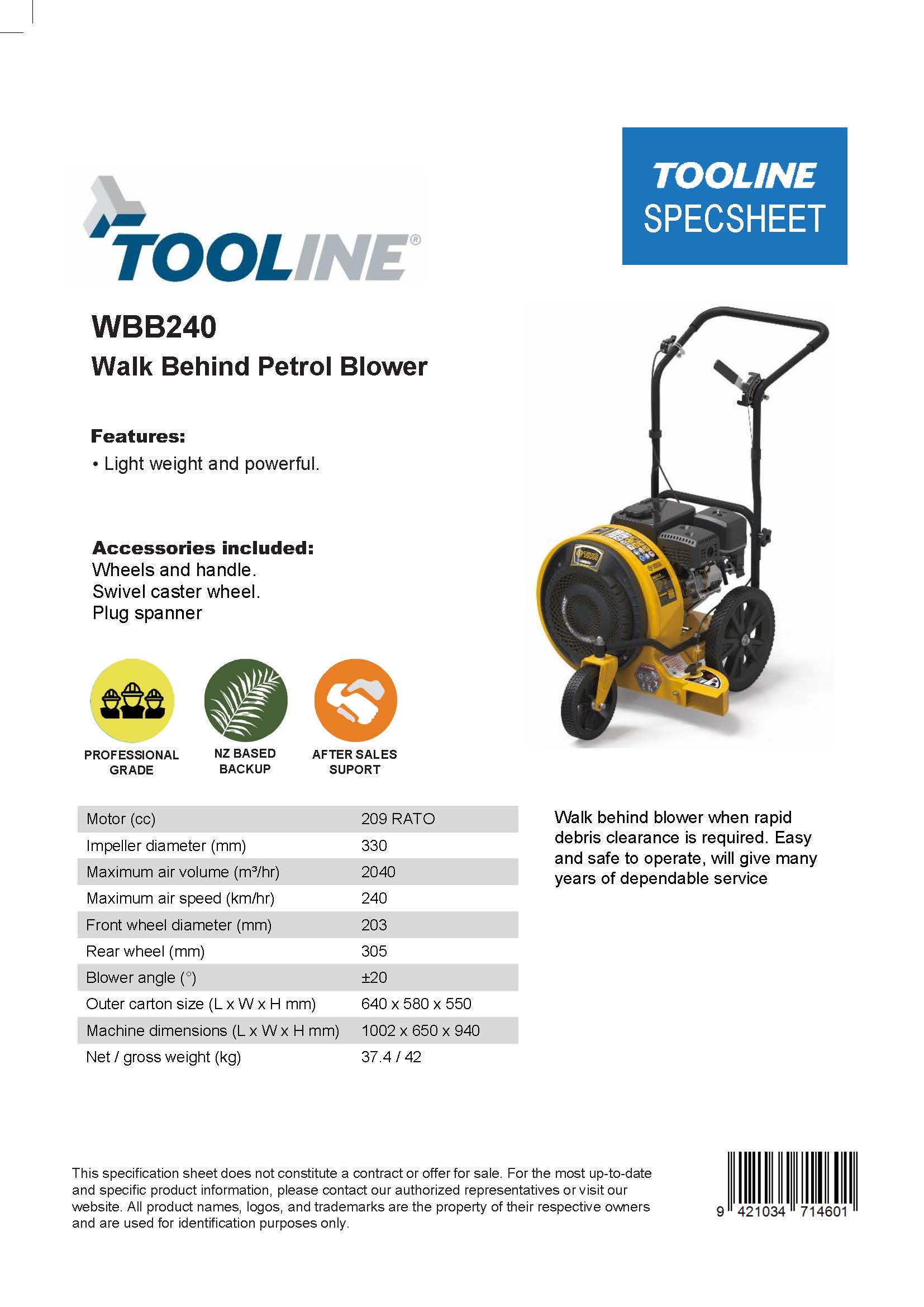 Tooline WBB240 Walk Behind Blower