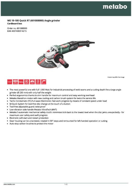 Metabo Angle Grinder 180mm 1900W Safety Clutch Soft Start Rat Tail
