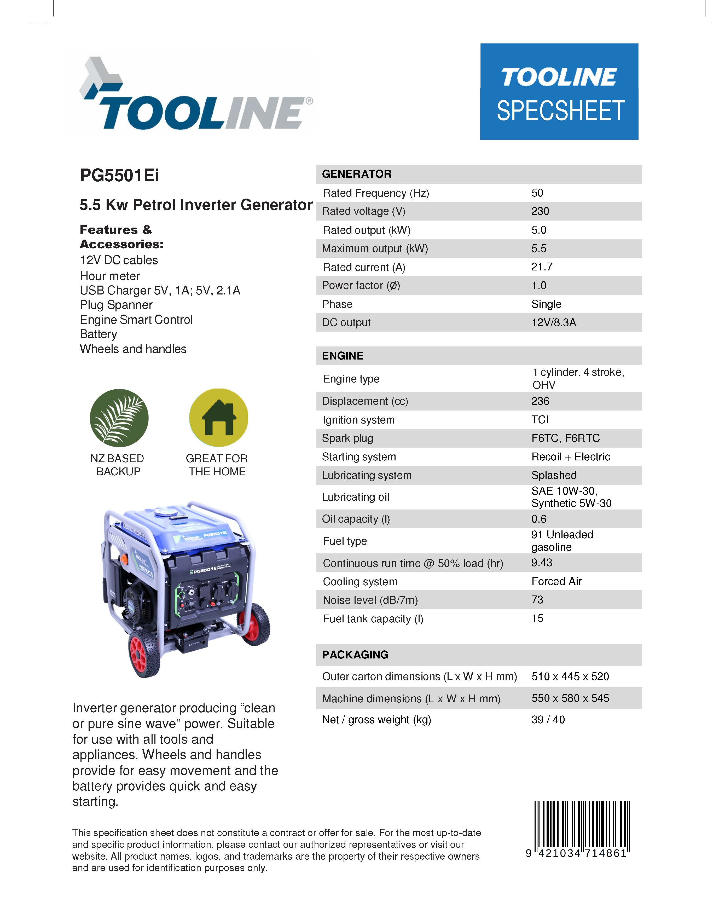 Tooline PG5501Ei 5.5KW Petrol Inverter Generator