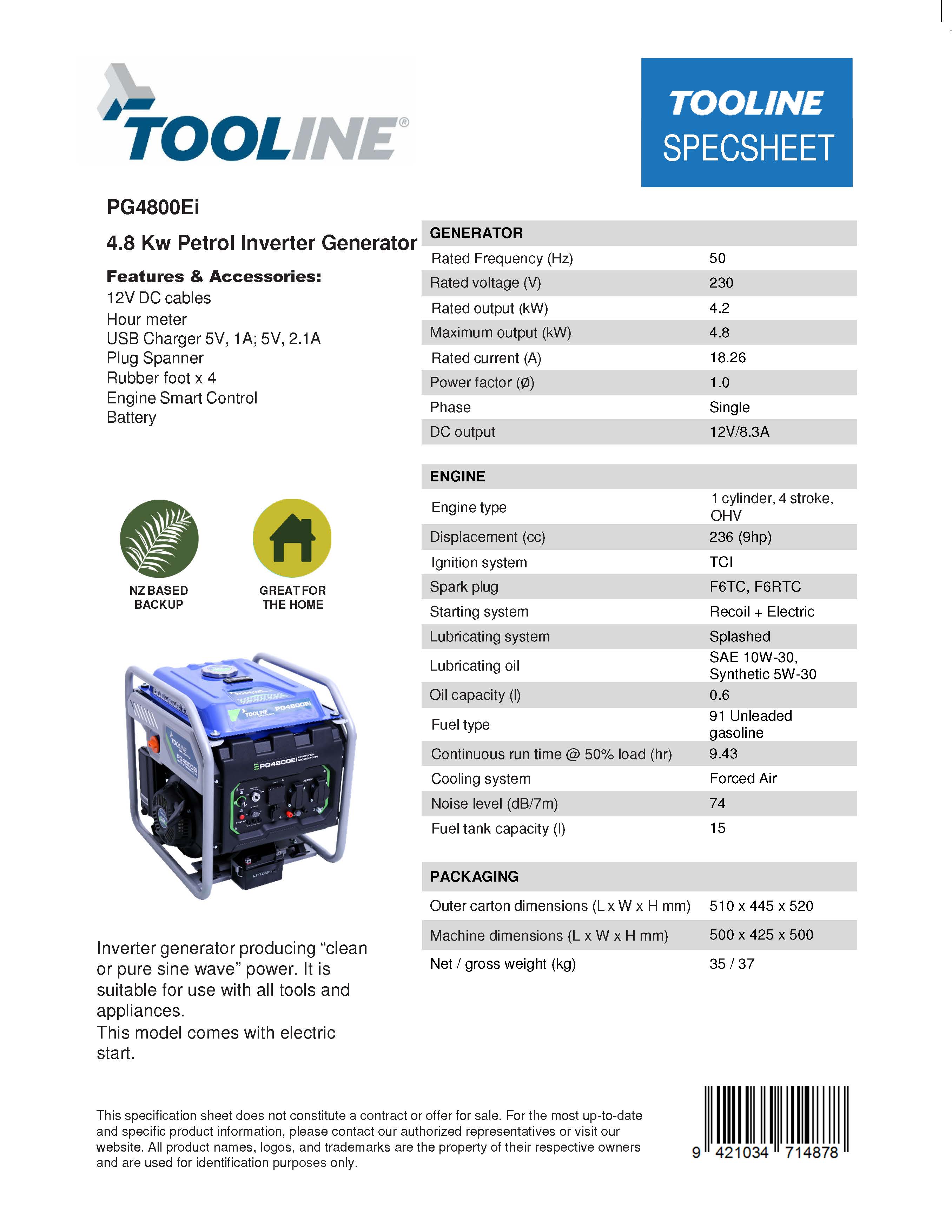 Tooline PG4800Ei 4.8W Petrol Inverter Generator