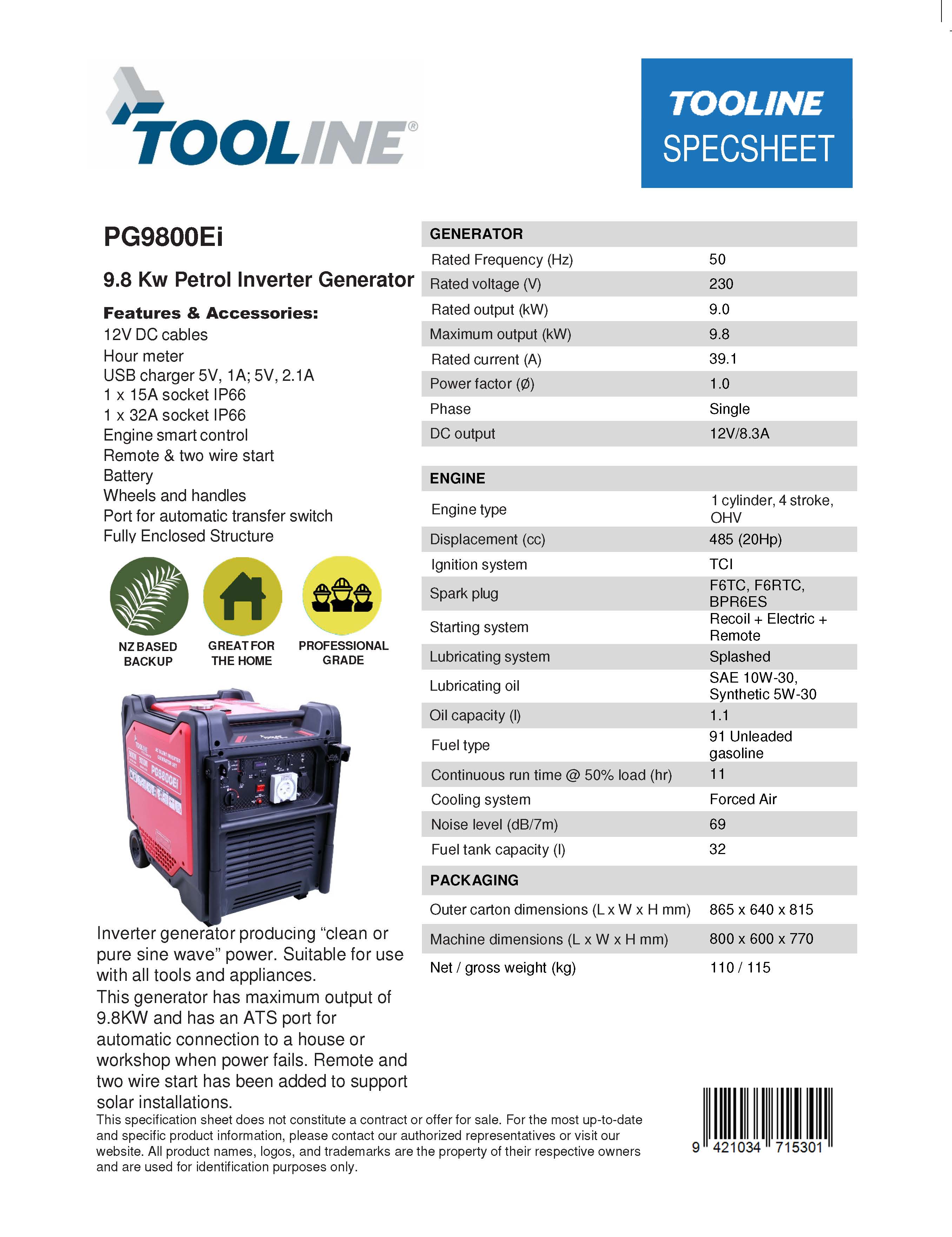 Tooline PG9800Ei 9.8kW Petrol Inverter Generator
