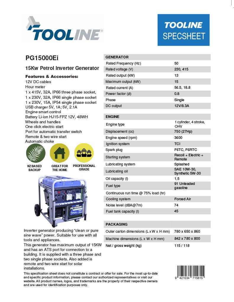 Tooline PG15000Ei Petrol Inverter Generator