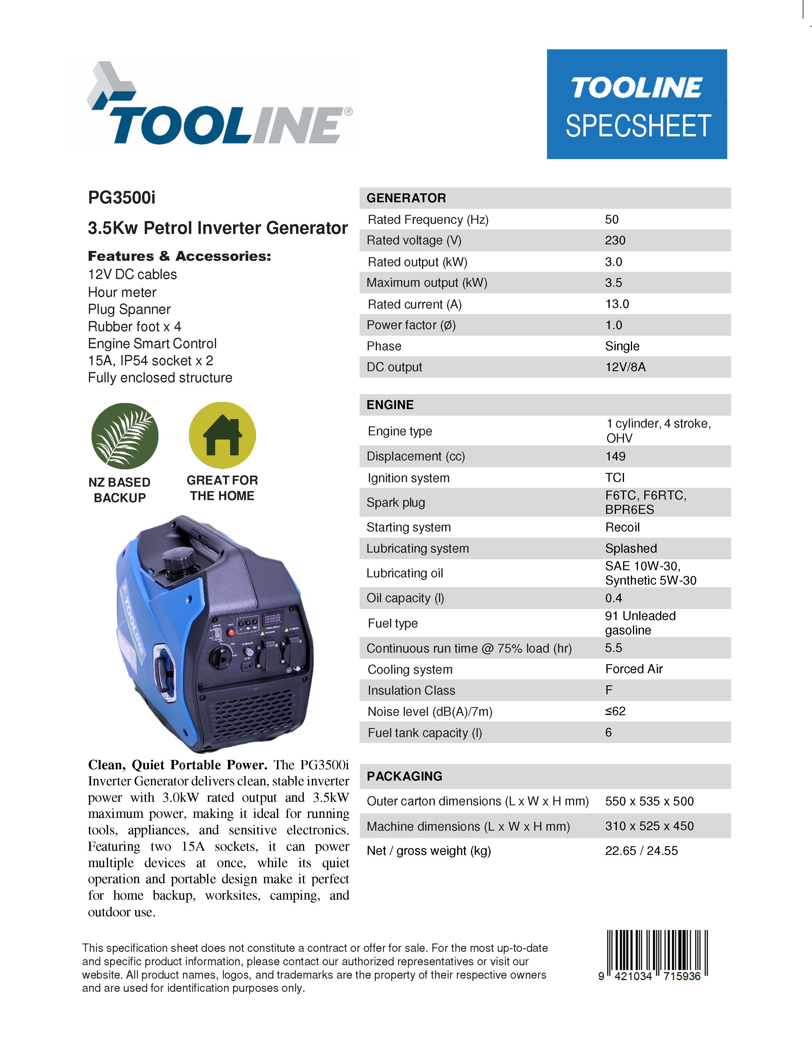 Tooline PG3500i 3.5kw Petrol Inverter Generator