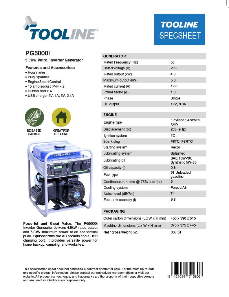 Tooline PG5500Ei 5.5Kw Generator Petrol Inverter