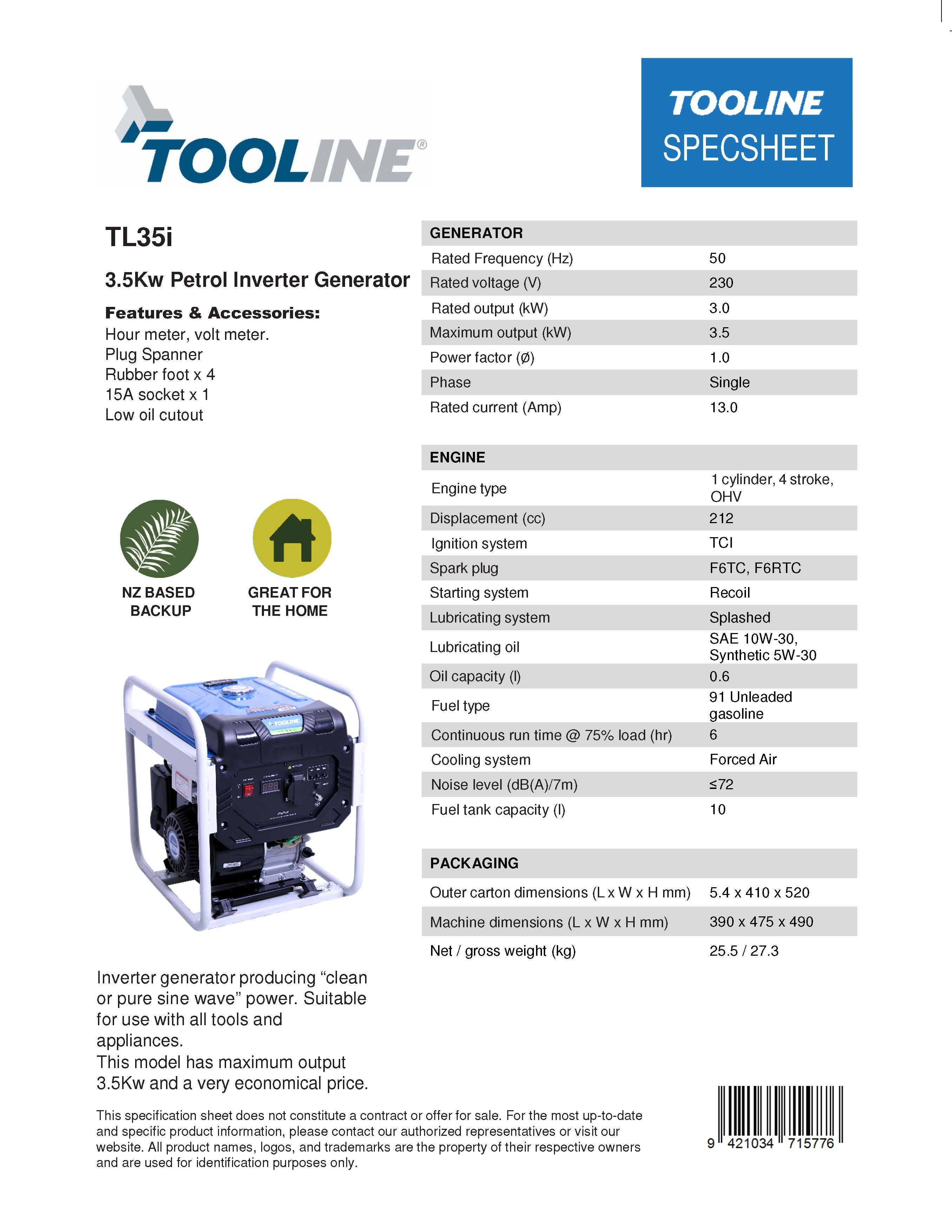 Tooline TL35i 3.5KW Petrol Inverter Generator
