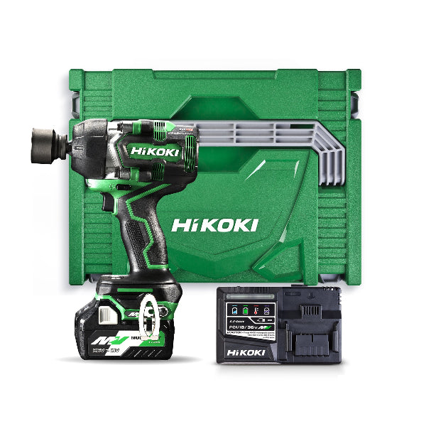 Hikoki WR36DE 36V Brushless 1/2 inch impact wrench kit with a green and black color scheme, including a battery and charger in a matching green color.