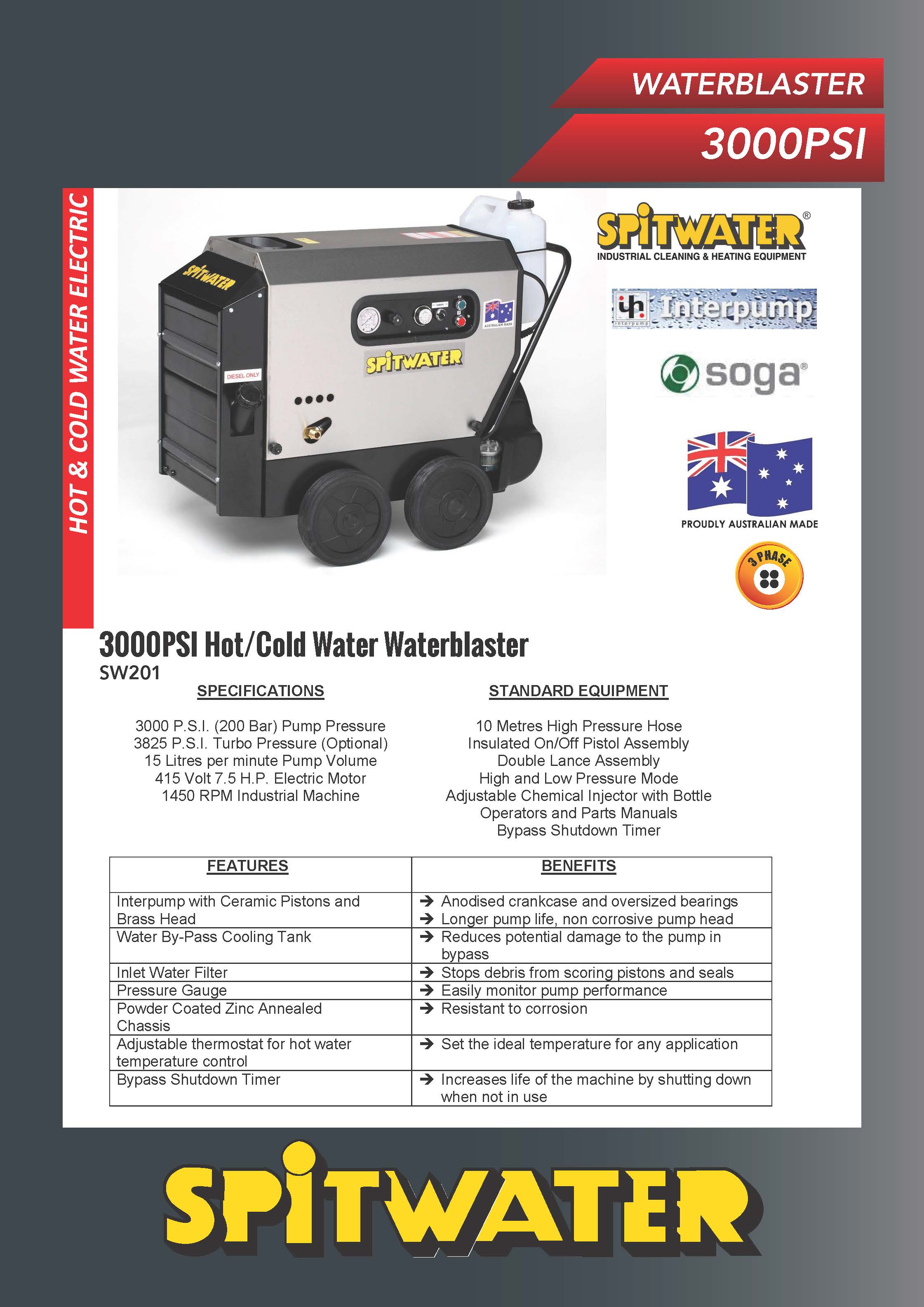 SPITWATER 21L/M 3000PSI/200BAR 10HP 3PH ELECTRIC HOT and COLD WATER WATERBLASTER