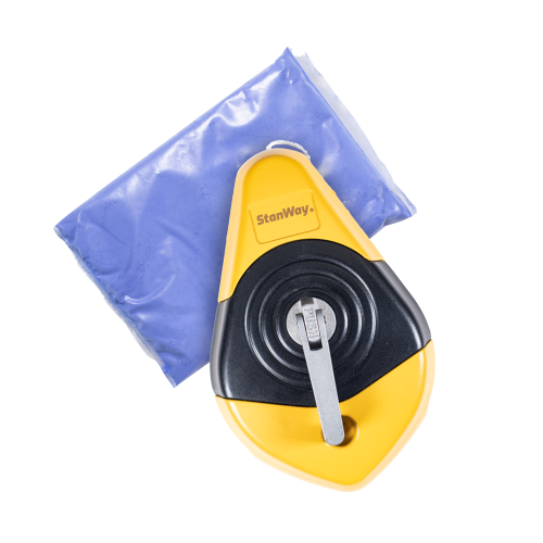A Stanwway yellow and black chalk line tool with a blue chalk bag and a stainless steel belt clip.