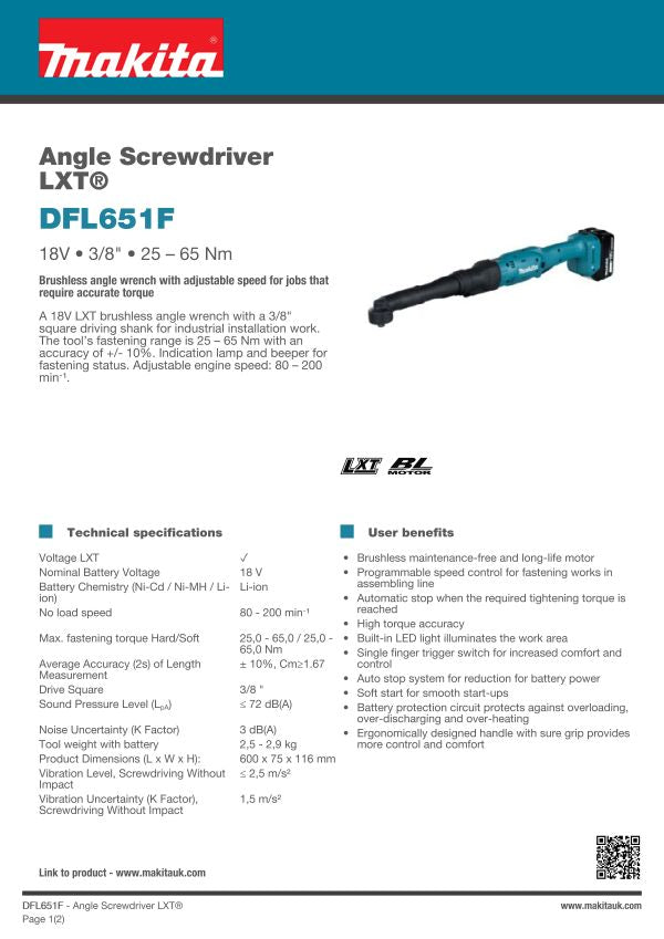Makita 18V BL SCREWDRIVER 25-65NM