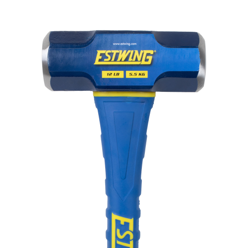 Blue Estwing maul with yellow text on a white background