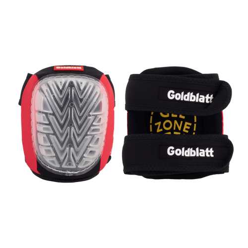 Red knee pad and black ankle support with Goldblatt branding on a white background