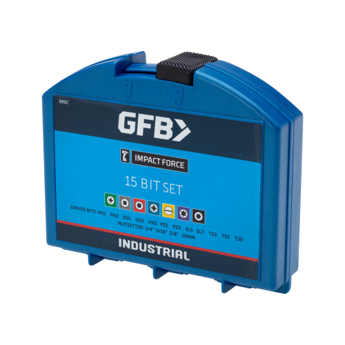 Blue tool bit set container with GFB branding on a white background