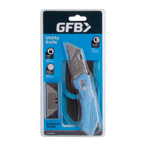 GFB utility knife in packaging with blue blade and black handle on a white background