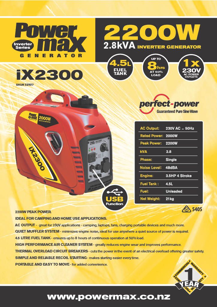 Powermax 2200W/2.8kVA Silenced Inverter Generator