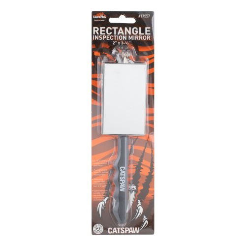 Cats Paw brand Rectangle Inspection Mirror in retail blister packaging, featuring a white rectangular mirror and a black handle with orange tiger-stripe graphics.