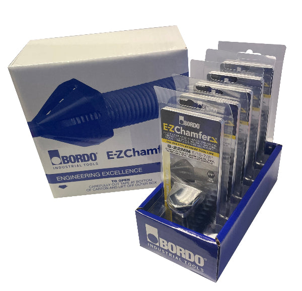 Packaging and product display of Bordo E-Z Chamfer Tool, showing the tool within clear plastic packaging and the box with branding and product information.