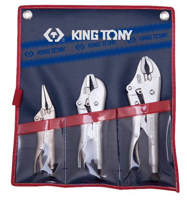 A set of three KING TONY grip pliers in a red and blue storage pouch, including 6 inch long nose, 7 inch straight jaw, and 10 inch curved jaw pliers.