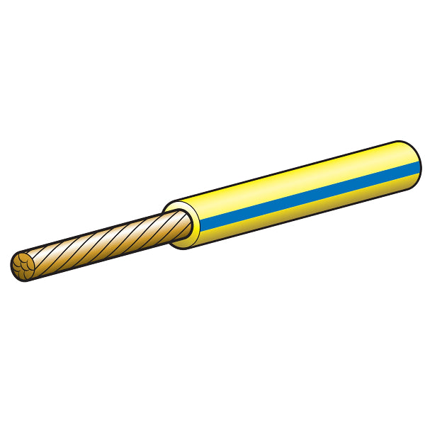 A coiled cable with yellow and blue colored insulation, typically used for electrical wiring.
