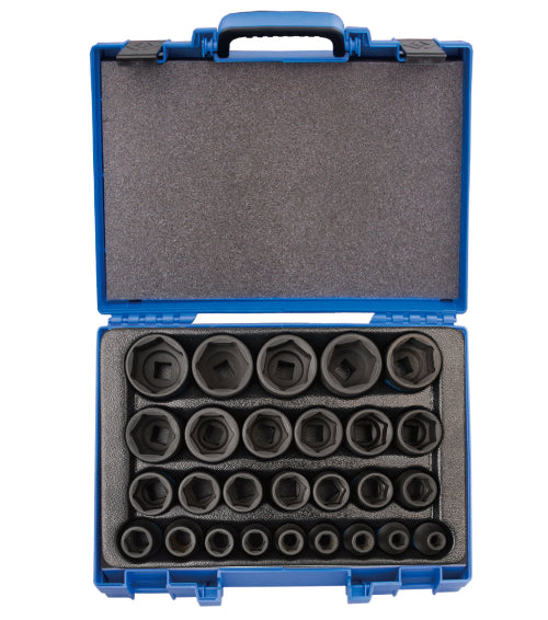 A set of black impact sockets arranged in a blue carrying case, with the King Tony logo visible on the case's interior lid.