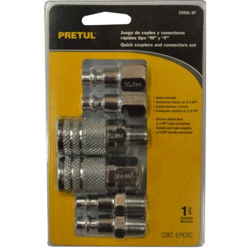 Pretul Air Hose Coupler Set 6-pc Steel for Compressor 1/4