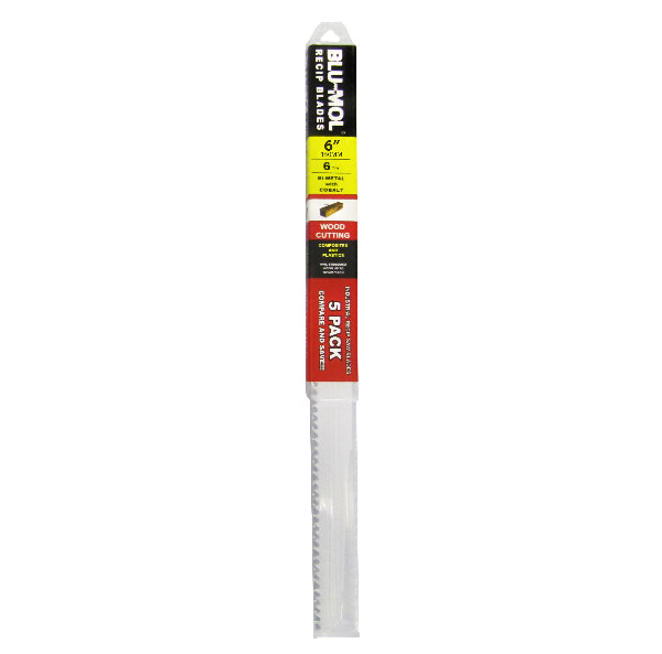 Packaging of Blu-Mol reciprocating saw blade with black, white, and red colors, indicating the blade is 6 inches long, 6 teeth per inch, and suitable for wood and metal.