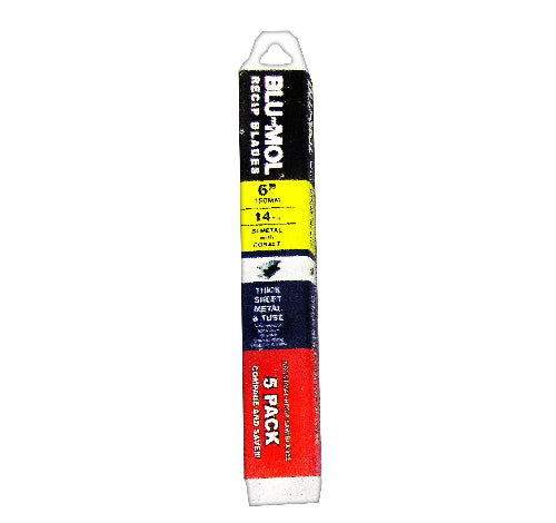 A pack of five Blu-Mol reciprocating saw blades, 9 inches in length with 14 teeth per inch, designed for metal cutting.