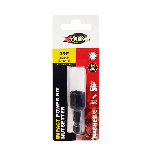 Blu-Mol Xtreme Impact Nutsetter in packaging, with visible black color and size 3/8 inch x 42mm.