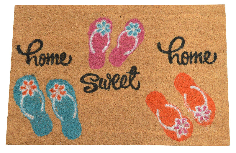 A rectangular natural coir fiber door mat with the text 'Home Sweet Home' and colorful slipper designs on it.