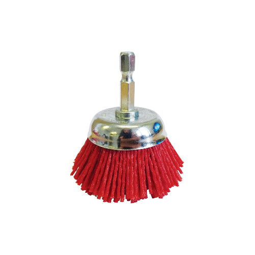 A red Josco abrasive nylon brush with a metal hex shank designed for attachment to a drill.