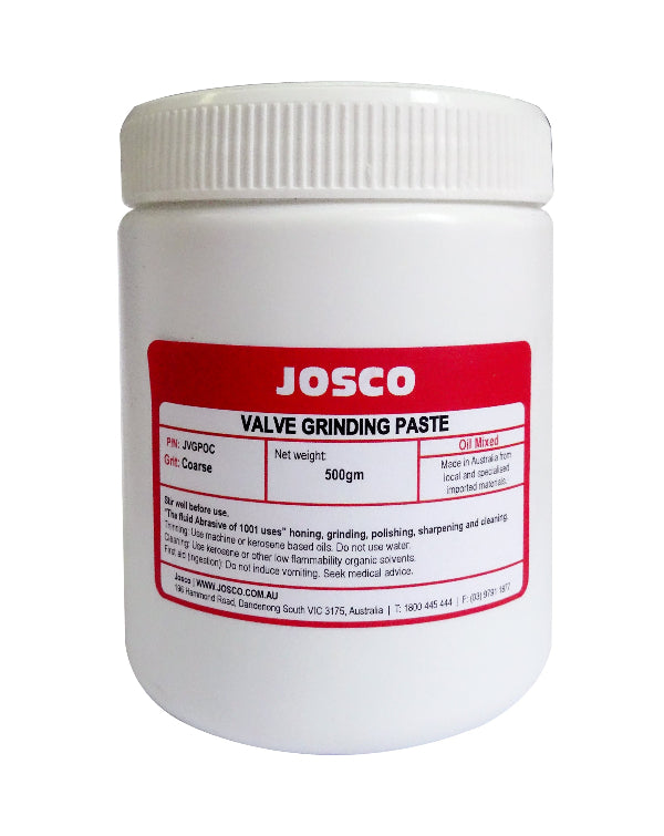 A container of Josco Valve Grinding Paste Oil Mix Coarse, primarily red and white in color.