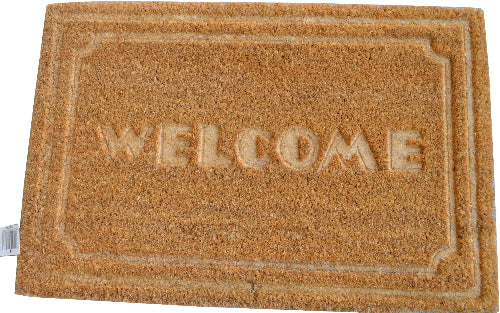 Rectangular beige coir door mat with the word 'WELCOME' embossed in capital letters at the center.