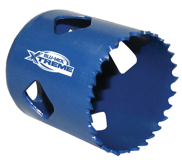 Blu-Mol Bi-Metal Hole Saw with blue plastic casing and steel cutting teeth.