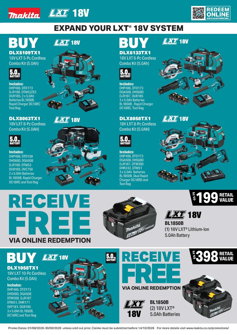 Makita Aug Sept BONUS BL1850B 18V LXT 5.0Ah Battery Combo Kit Deals
