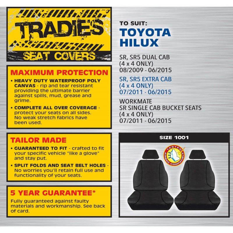 TRADIES Black Canvas Front Seat Cover Pair - Hilux SR, SR5