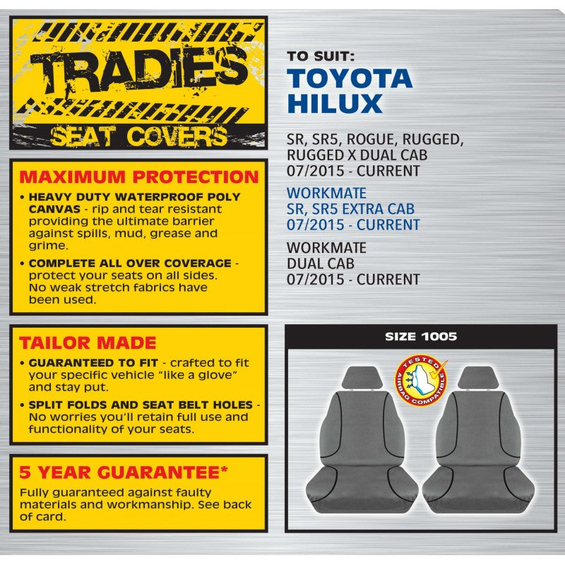 TRADIES Grey Canvas Front Seat Cover Pair - Hilux 07/2015 Onward