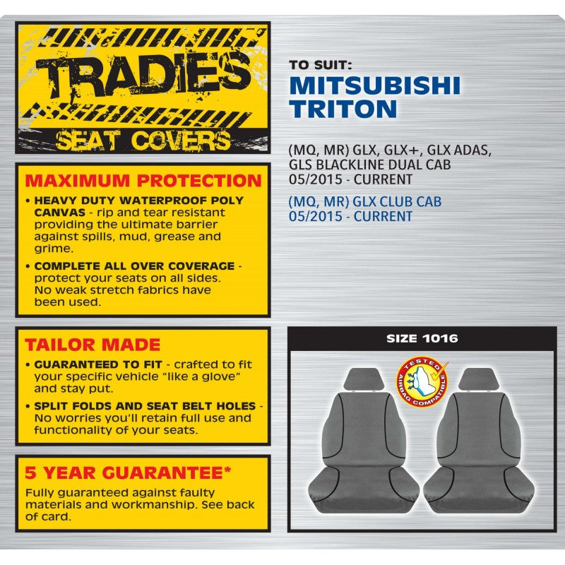 TRADIES Grey Canvas Front Seat Cover Pair - Triton 2015 Onward